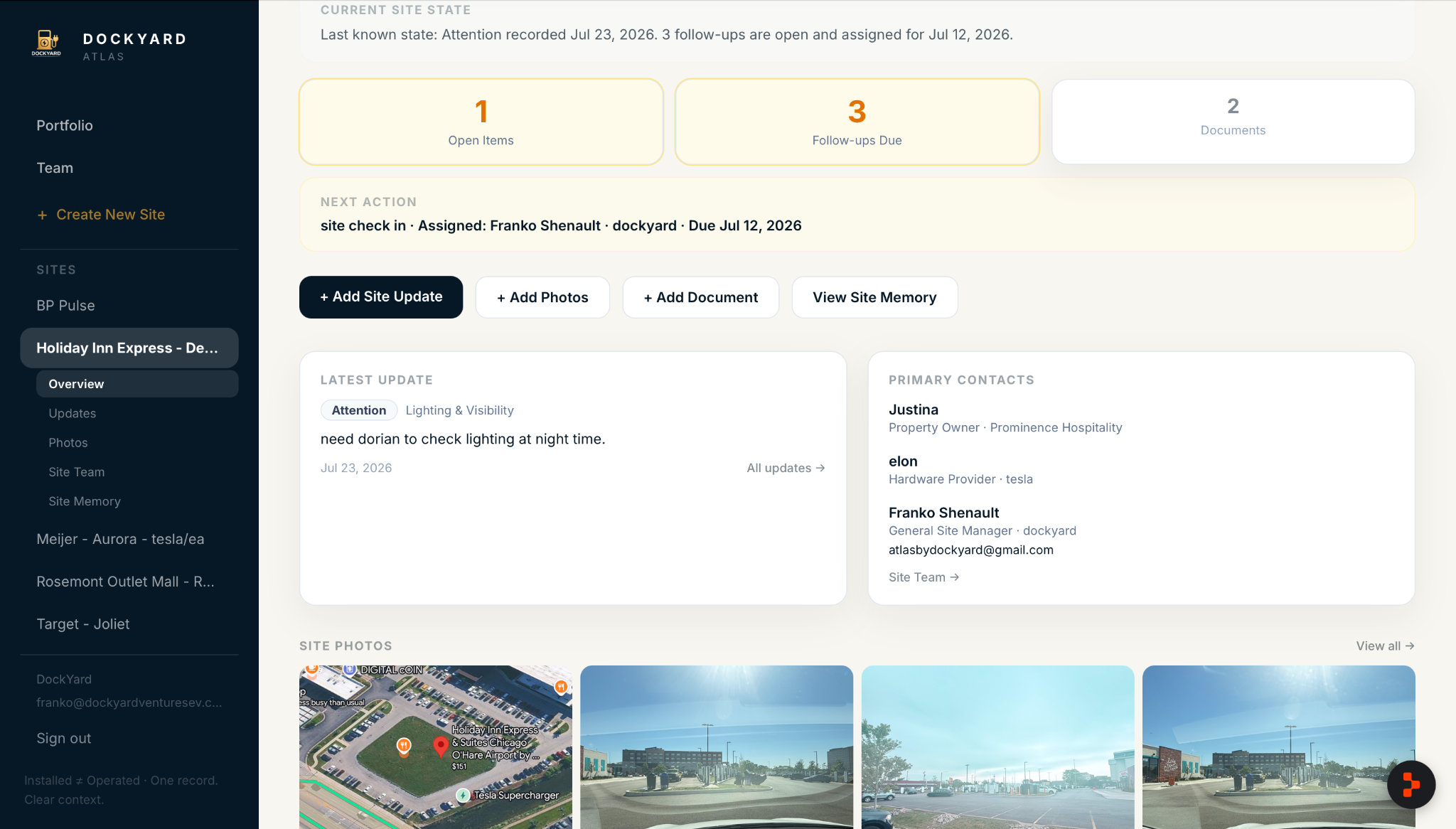 Atlas property overview showing current state, open items, next action, contacts, and site photos