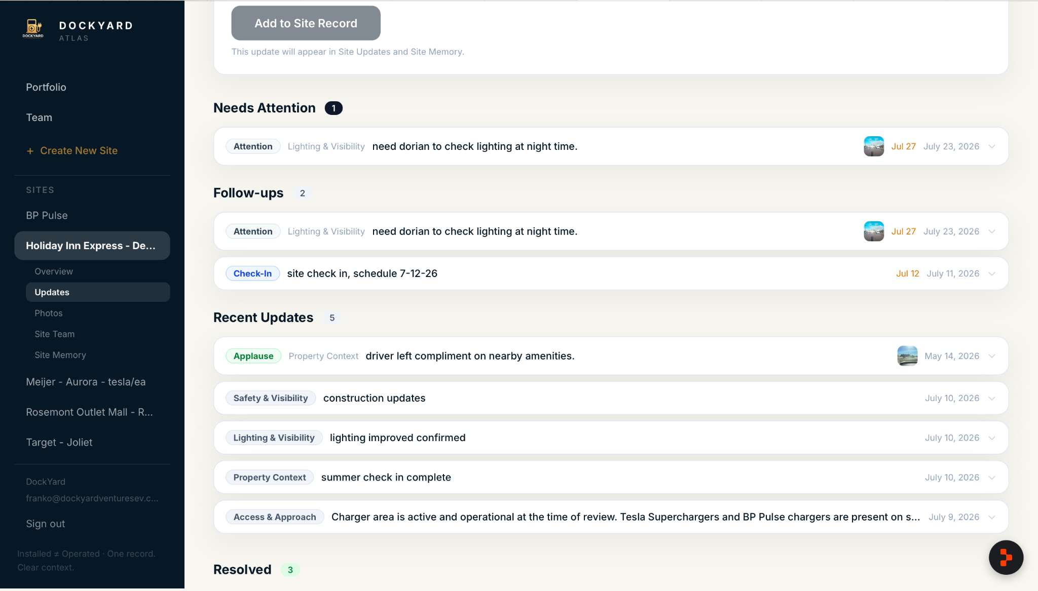 Atlas updates view showing needs attention, follow-ups, recent updates, and resolved work